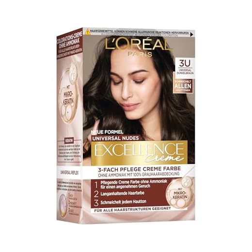 L'Oréal Paris Permanente Haarfarbe für jeden Hautton, Coloration ohne Ammoniak, Universale Nude-Töne mit vollständiger Grauhaarabdeckung, Excellence Creme, Nr. 3U Dunkelbraun (Braun), 1 Stück