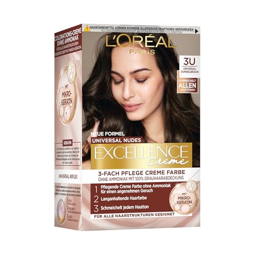 L'Oréal Paris Permanente Haarfarbe für jeden Hautton, Coloration ohne Ammoniak, Universale Nude-Töne mit vollständiger Grauhaarabdeckung, Excellence Creme, Nr. 3U Dunkelbraun (Braun), 1 Stück