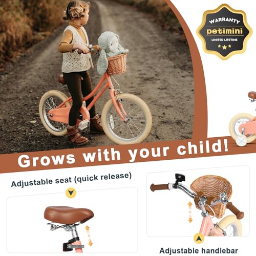 Image of Petimini Vintage Kids Bike for Girls, 12-20 Inch Classic Bicycle with Wicker Basket & Bell, High Tensile Steel Frame, Training Wheels (12-18 inch), 85% Pre-Assembled, Retro Bike for Outdoor Riding