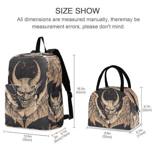 Backpack Lunch Box Set Large Capacity Travel Backpacks and Insulated Lunch Bag for Commute Hiking Picnic Evil with Wings Print2