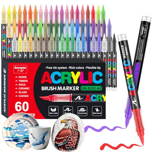 Gelanty Feutre Acrylique, 60 couleurs Acrylic Paint Marker avec embout pinceau flexible, liquide direct Acrylic Brush Marker feutres coloriage pour la peinture sur roche, céramique, bois, verre