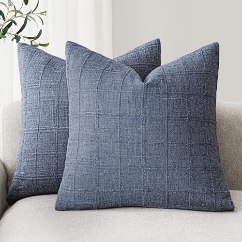 Image of Foindtower Set of 2 Decorative Linen Check Throw Pillow Covers Neutral Farmhouse Vintage Cushion Covers Modern Coastal Boho Home Decor for Sofa Chair Couch Bedroom Living Room,16x16 Inch,Blue