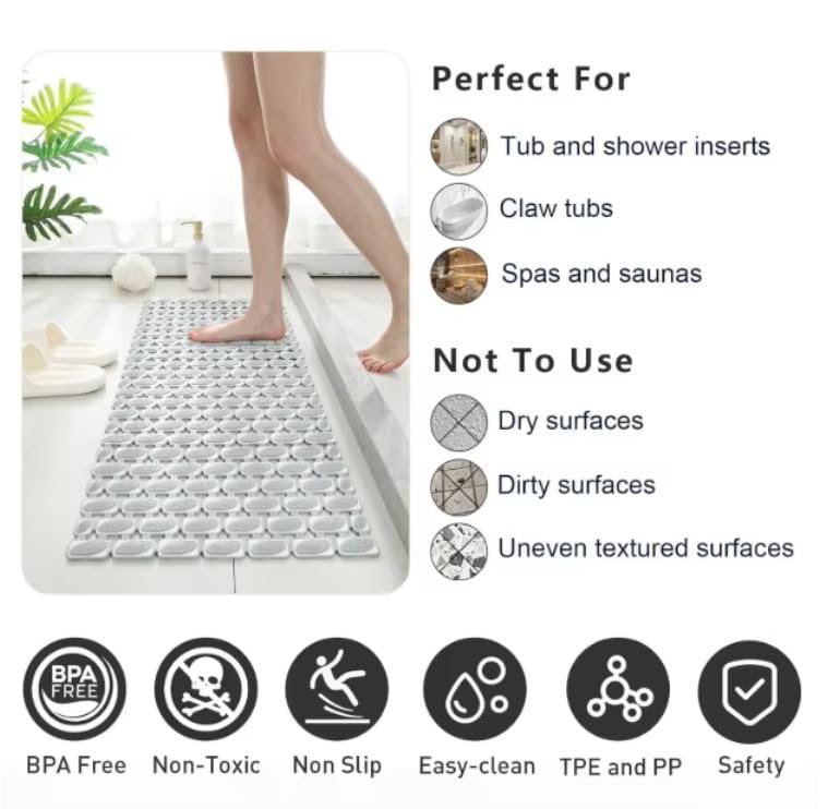 Image of HomeCloud Non-Slip Shower Mat for Bathtub, Anti-Slip Bath Mat with Suction Cups, Drainage Holes & Foot Massage Exfoliating Surface (D Light Grey)