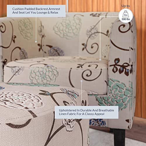 Belleze Accent Chair With Ottoman, Curved Back Living Room Chair, Stylish Barrel Club Chair And Footrest Set, Upholstered Round Tub Reading Chair For Bedroom - Lydia (Floral Beige/Linen) #TOP2