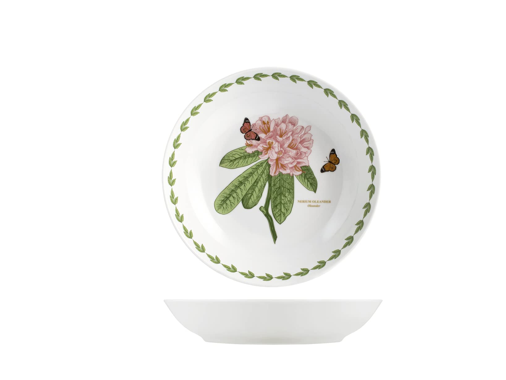 H&H Set di 6 Piatti Fondi in Porcellana, 20 cm, Bordo Decorato in Verde con Illustrazioni Botaniche Assortite, Lavabili in Lavastoviglie e Adatti al Microonde