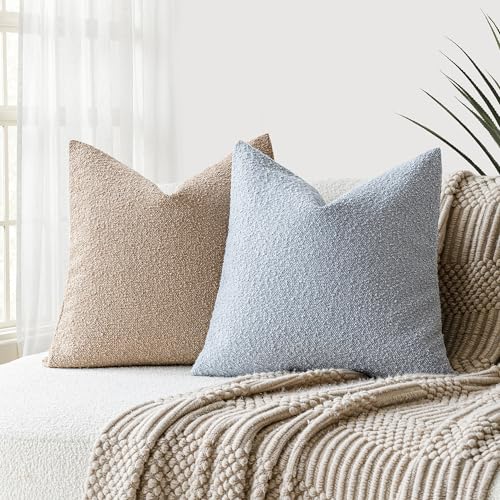 Image of Foindtower Set of 2, Decorative Textured Boucle Throw Pillow Covers Accent Solid Pillow Cases Neutral Soft Cozy Couch Cushion Case for Chair Sofa Bedroom Living Room Home Decor 16 x 16 Inch Light Blue