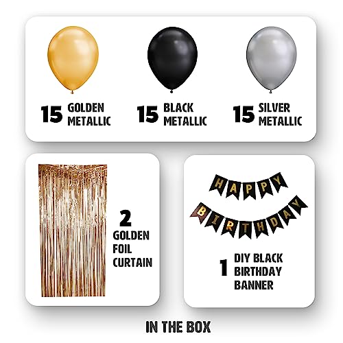 Image of Just Party Set of 60 Pcs - 15 Black 15 Silver & 15 Gold Metallic Balloons, Black Happy Birthday Banner, 2 Golden Curtains Theme Backdrop