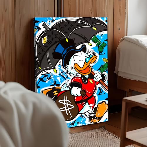Image of Luxury Cartoon Duck Pop Art Canvas Wall Art Painting For Living Room | Money & Success Theme Street Art Wall Art Painting | Modern Graffiti Style Artwork for Home & Office, 56x86 cm