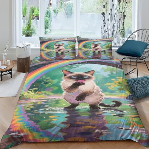 Gato balinés Juego De Cama Impreso con, Funda De Almohada, Edredón con Cierre De Cremallera, Microfibra Suave Algodón De Fibra Larga Double（200x200cm）