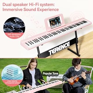 Portable Piano Keyboard 88 Keys: Semi-Weighted Folding Digital Piano Bluetooth, 128 Tones & Silent Mode TERENCE Electric Folding Piano Kit for Adult (Pink)