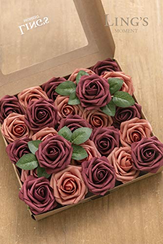 Ling's Moment Artificial Flowers Burgundy & Pinky Cedar Roses 50Pcs Real Looking Fake Roses W/Stem For Diy Wedding Bouquets Centerpieces Arrangements Party Baby Shower Home Decorations #TOP4