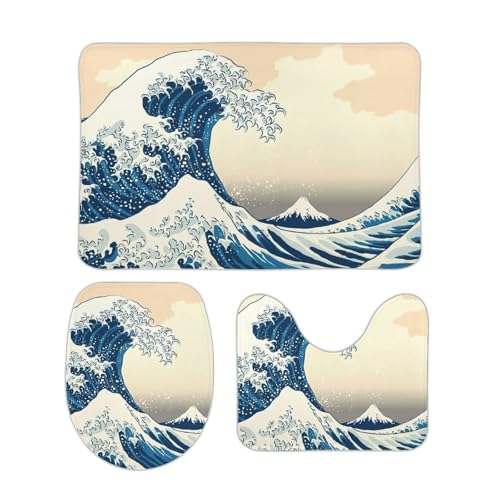 浮世絵 神奈川沖浪裏 葛飾北斎 フロアマットセット 3点セット コーラルフリース 吸水性 速乾性 柔らかい バスルーム 拭ける お風呂 滑り止め U字型 O字型