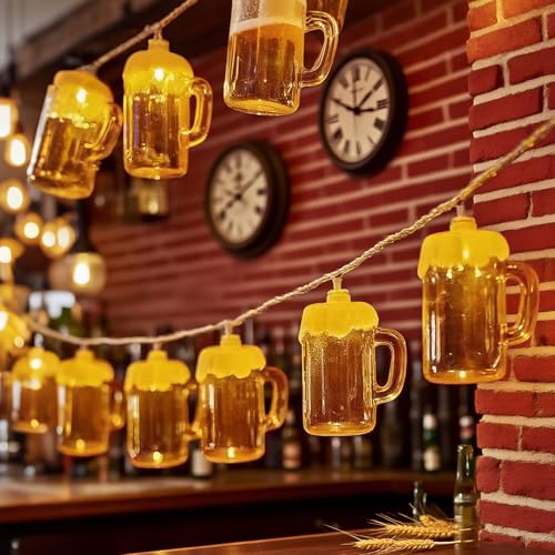 Biergarten Lichterkette 19 Bierkrug Led Lichterkette Batterie mit Timer, 2M 10 LED Bier Sommer...