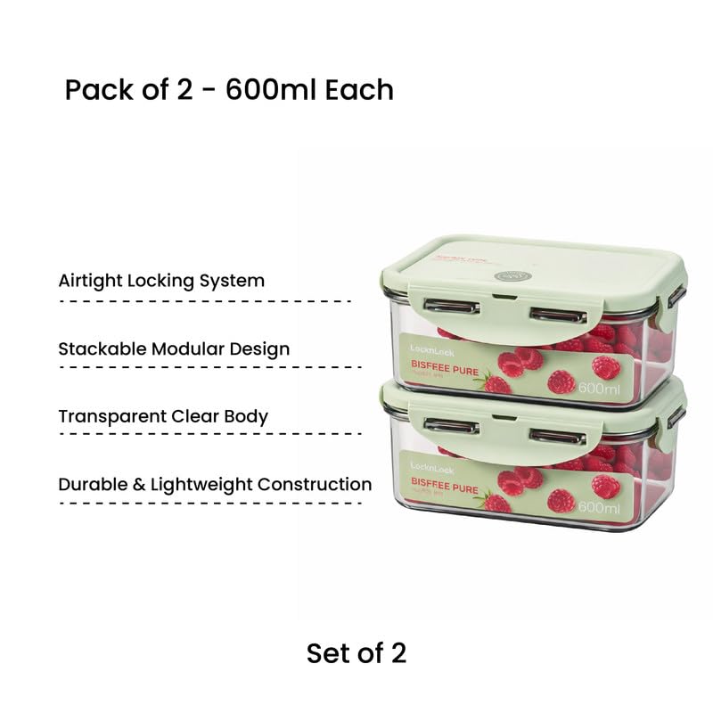Image of LocknLock 600ml Food Storage Containers (Pack of 2) | Airtight, Leakproof, BPA-Free Plastic Boxes | Stackable Kitchen Containers for Lunch, Fridge & Pantry Storage