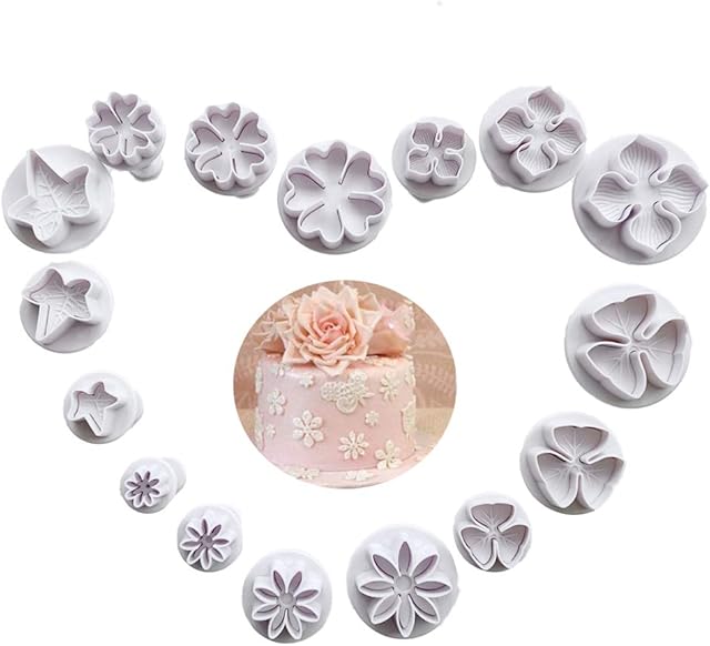 VONUOBEY 16 Pieces Fondant Plunger Cutters Daisy/Hydrangea/Five-petaled Flowers/Maple Leaves Fondant Molds Sugarcraft Cake DIY Decorating Tools Cookie Cutters