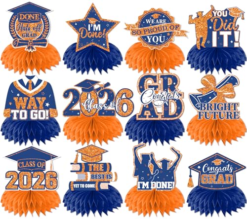 Image of 12pcs Graduation Table Decorations,Orange and Blue Graduation Decorations Graduation Centerpieces for Tables Class of 2026 Centerpieces Honeycomb for 2026 Congrats Grad Table Decor (Orange and Blue)