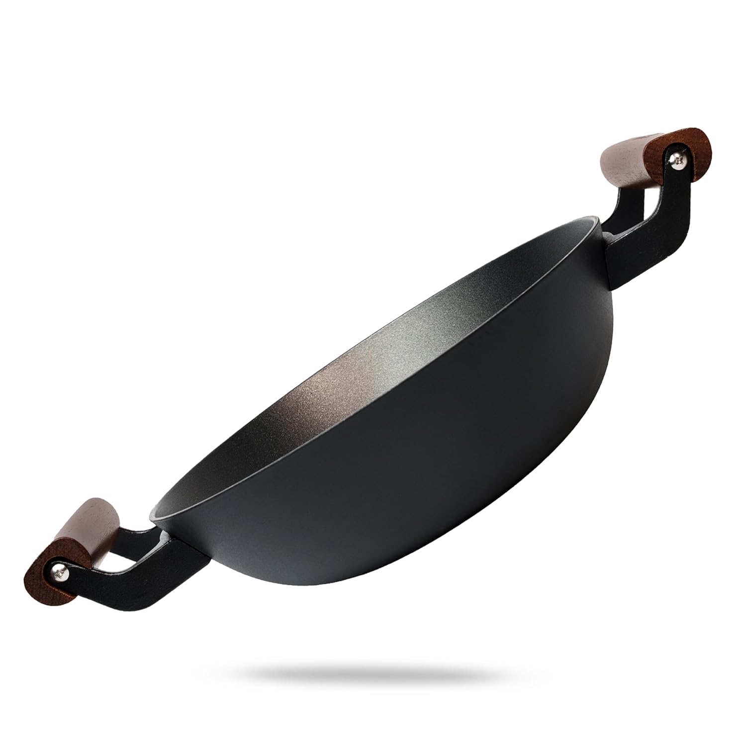 Ostin Kadai Pan, Non Stick Kadai with Wooden Handles Deep Frying Cooking Pan, Deep Fryer Pan, Non-Stick Carbon Steel Induction Wok Home Kitchen Cooking Fry Iron Wok with Wooden Handle