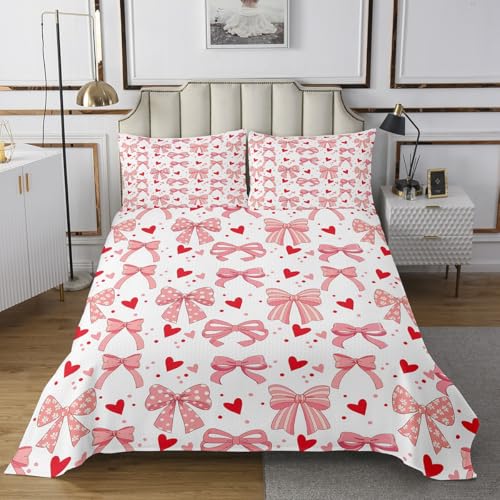 Manfei Cartoon Bow-tie Princess Queen Size Cute Bowknot Girlish Quilted 3 Pieces Coverlet Set with 2 Pillowcases Geometric Dots Love Heart Bedding Quilt for Room Decor