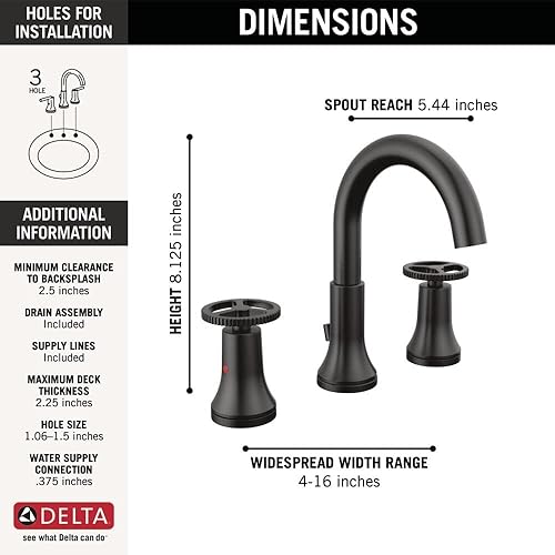 Miniatura 3 de Delta Faucet Trinsic - Grifo de baño de 3 agujeros, grifo de baño negro mate, tecnología de sello de diamante, ensamblaje de drenaje de metal, negro
