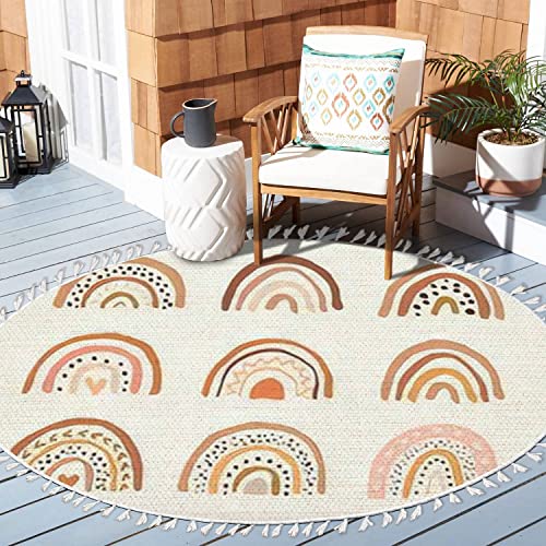 Dnewynpabv Round Boho Rug Hand Drawn Rainbows Cute Set In Pastel And Earthy Colors Isolated Area Linen Carpet Patio Hallway Runner Mat Pad Minimalist Home Decor For Living Room Outdoor, 3 Ft #TOP1