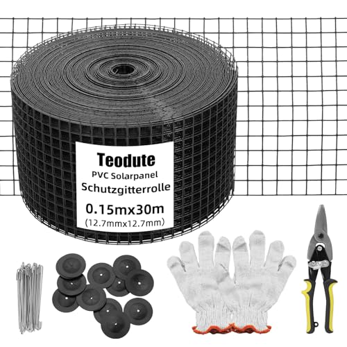 Teodute Solarpanel Schutzgitterrolle 15cm x 30m, Vogelschutz Set 70 Edelstahl Kabelbinder Rostfreie PVC Beschichtung 12,7mm Drahtgeflecht