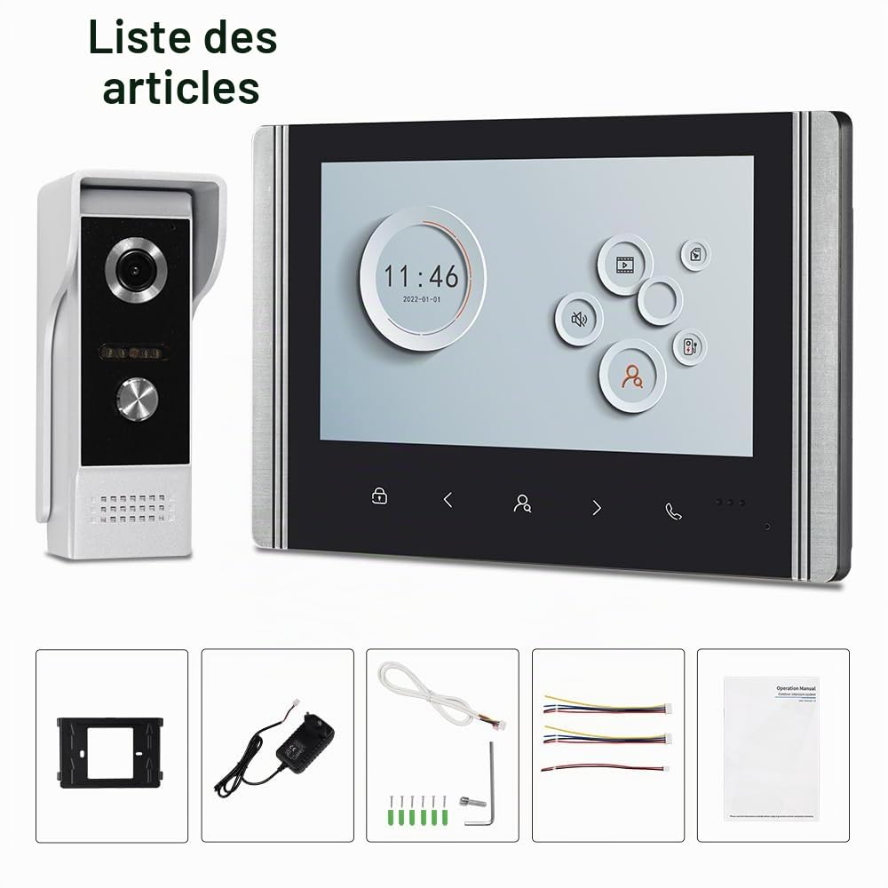 WiFi Tuya Système d'interphone vidéo de porte intelligent pour la maison, Caméra de sonnette vidéo HD 1080P avec moniteur, Écran couleur LCD IPS de 17,8 cm (7 pouces), Audio bidirectionnel