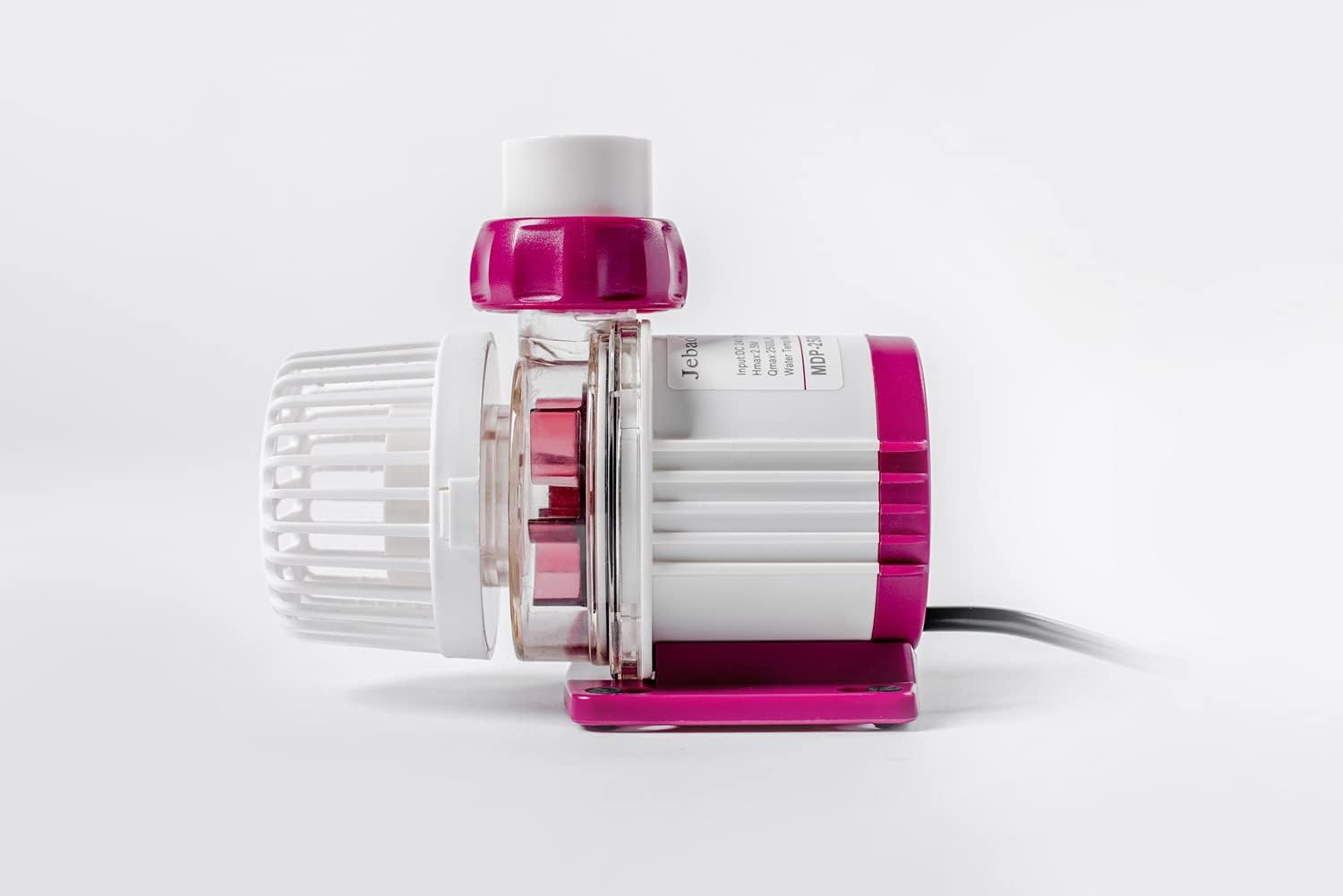 lateral view of the Jebao MDP-2500 pump, showing its compact design and power cable connection.