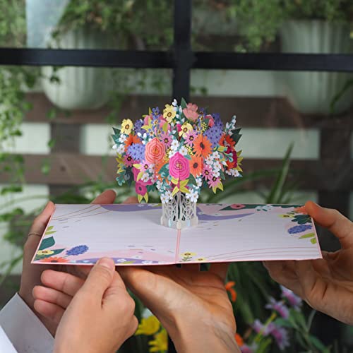 Paper Love 3D Floral Arrangement Pop Up Card, For All Occasions, Summer, Birthday, Anniversary, Thank You, Wedding, Mother's Day, Valentine's Day, Get Well Soon, Sympathy Or Just Because - 5" X 7" Cover - Includes Envelope And Note Tag #TOP3