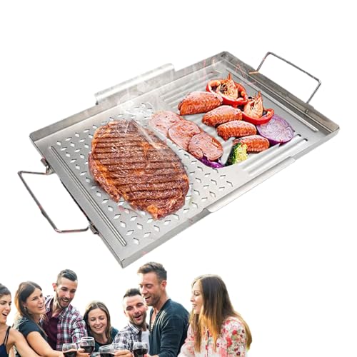 Piastra piatta per barbecue, in acciaio inox, con struttura resistente e manici resistenti al calore, per grigliare carne, verdure e cibi per la colazione, 1 pezzo