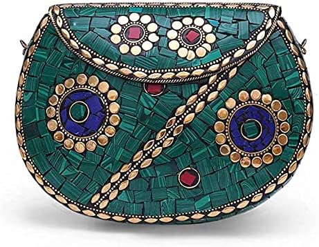 Shakuntala Vintage Clutch - Metal Mosaic Stone & Shell Design Purse - Handmade Women's Handbag
