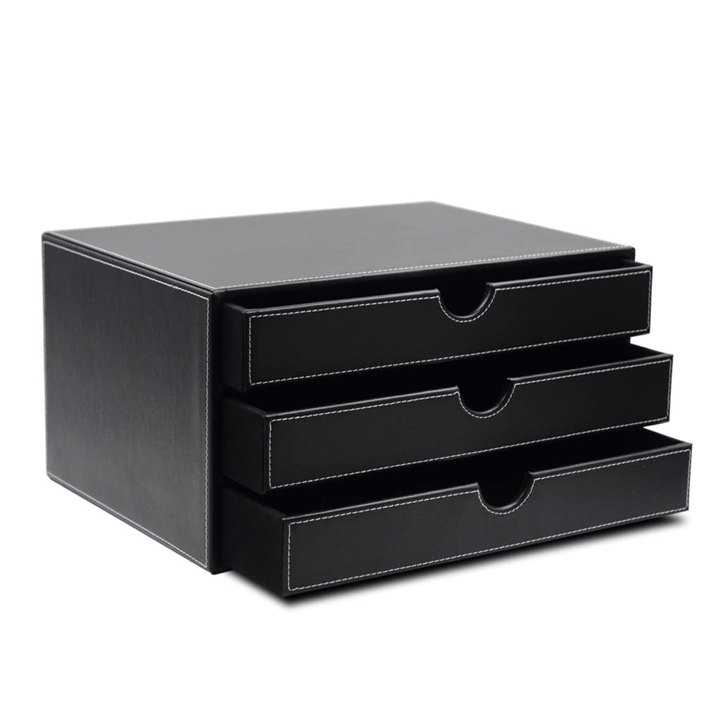 Portadocumenti da scrivania in pelle, Organizer da scrivania in pelle con 3 cassetti, Forniture for ufficio, Scatola portaoggetti impilabile for gioielli Fatture Documenti cartacei Trucco Accessori fo