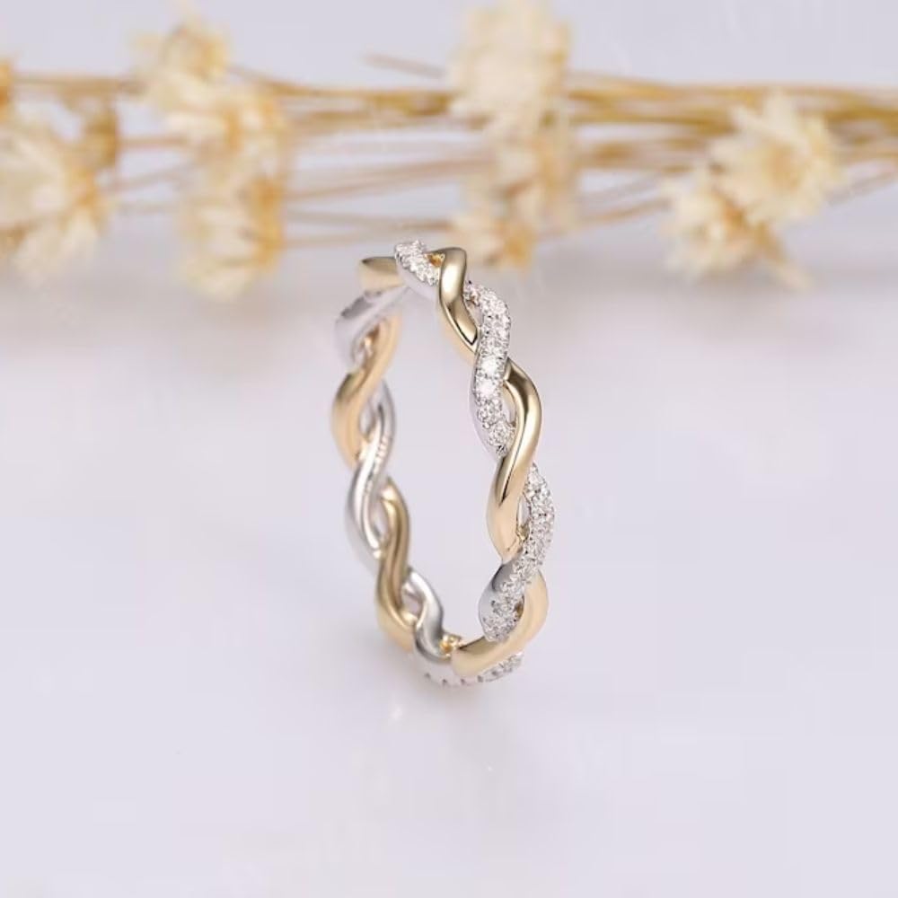 Phoenixjewel 0.60 Ct Round Cut Diamond Delicate Two Tone Twisted Infinity Wedding Band Ring For Women 14K Gold Plated 925 Sterling Silver Handmade Stackable Anniversary Ring Pretty Valentine Ring