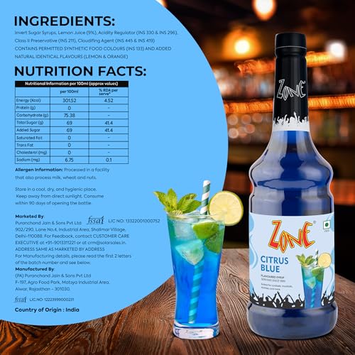 Image of Zone Citrus Blue Flavoured Syrup 1000ml | Refreshing Lemon Citrus Blend with Subtle Orange Notes | Perfect for Mocktails, Lemonades, Iced Teas & More | Ideal for Cafe, Restaurant & Home Use