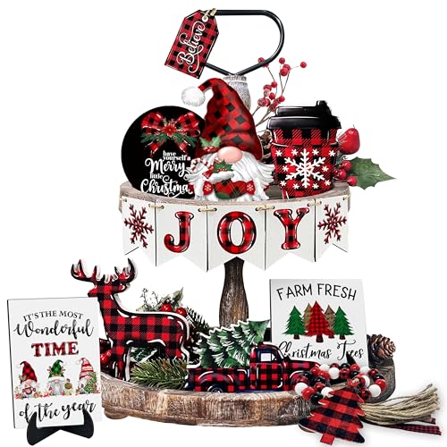 Christmas Tiered Tray Decoration Set Wooden Farmhouse Tray Decor Seasonal Winter Rustic Wood Sign Tabletop Centerpiece with Wood Bead Garland Christmas Table Decor for Home Kitchen (Decor-01)