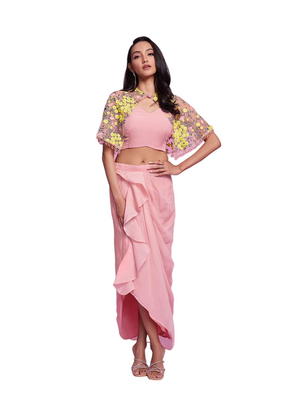 Elegant Pastel Pink Floral Embroidered Co-Ord Set With Cape-image-18