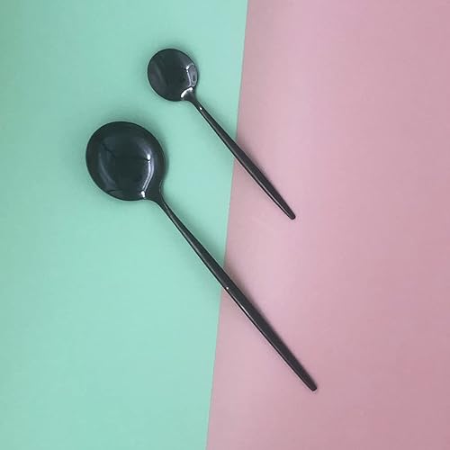 Miniatura 4 de Juego de cubiertos negros de acero inoxidable de 24 piezas, servicio para 6, vajilla pulida con espejo, cuchillo tenedor y cuchara para el hogar y