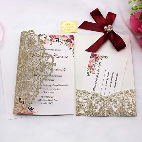 Adasbridal 25Pcs 250Gsm Tri-Fold Glitter Wedding Invitations With Rsvp Cards And Envelopes For Wedding Engagement Bridal Shower Birthday Quinceanera Party Invite(Gold Glitter, 7.09 X 4.92Inch) #TOP2