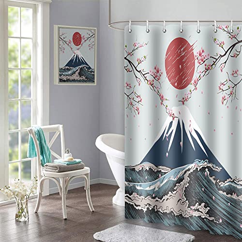 Gdmoon Japanese Shower Curtain Anime Japanese Cherry Blossom Bathroom Decor Asian Oriental Decor Shower Curtains Set, 72X72In, Blue Red, Ylwhgd1203 #TOP4