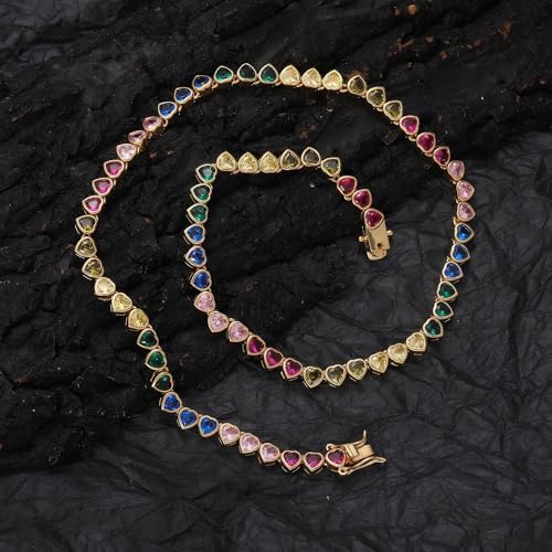 Rainbow Heart Tennis Chain Necklace, 18 Inch Iced Out CZ Crystal Colorful Choker, Trendy Hip Hop Jewelry Gift for Women2