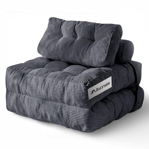 Allyson® Schlafsessel Faltbares 3 in 1 Schlafsofa mit Kissen, Bodensofa mit Rückenstütze, Klappsessel für Wohnzimmer & Schlafzimmer – als Gästebett, Relaxsessel oder Loungesofa (Grau)
