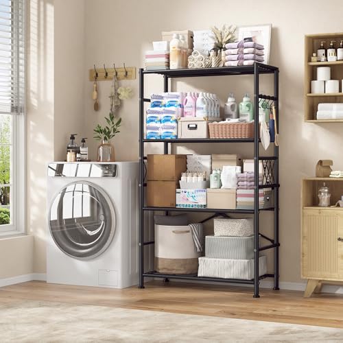 Image of Wire Shelving Storage Rack with Hooks,Metal Shelving Units Shelf Organizer,Wobble-Free Garage Shelving with Adjustable Leveling Feet for Kitchen Pantry Laundry Bathroom Closet Dorm,12 inchD x 30 inchW x 60 inchH