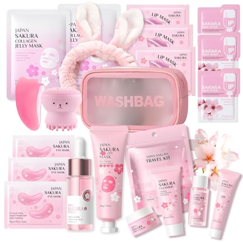Sakura Gesichtspflege Skincare Set- Beauty Set Mädchen Japan Sakura Skin Care Collagen Mask Peeling Mask Cleanser Toner Creme Sunscreen Lippenmaske Pamper Geschenkset Frauen Teenager