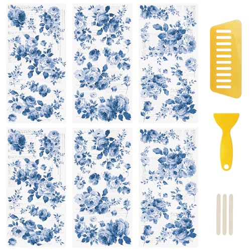 WANDIC 6 hojas de calcomanías de transferencia para frotar, calcomanías de flores azules, calcomanías impermeables para transferencia de muebles, calcomanías para manualidades, álbumes de recortes