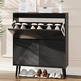 oakvivo Shoe Cabinet Storage, Farmhouse Freestanding Organizer with 2 Flip Drawers and 4 Wooden feet, Narrow Shoe Rack Cabinet for Entryway, Foyer, Hallway, Black