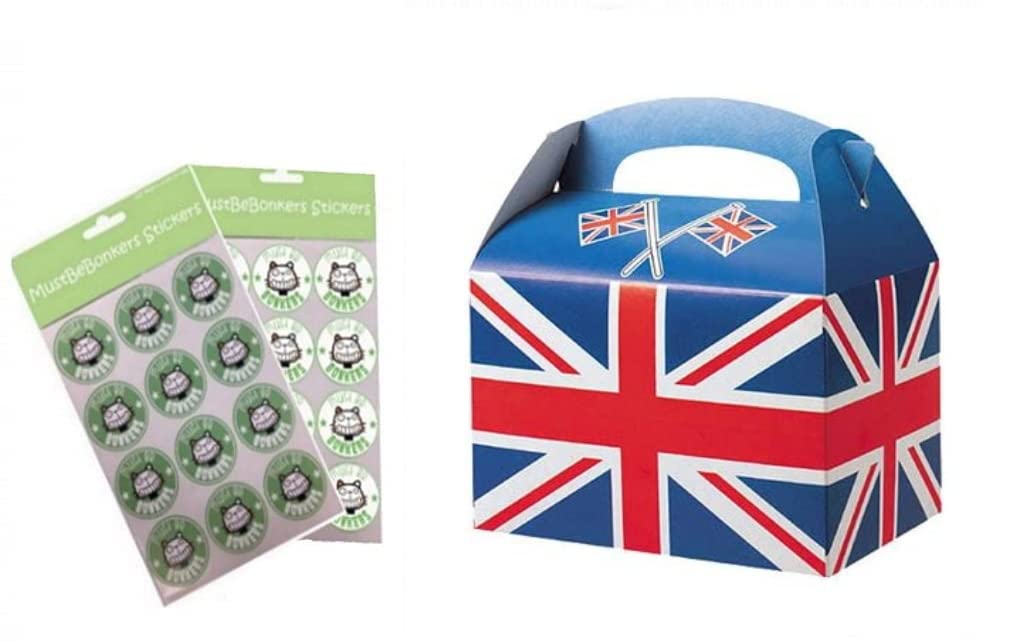 MustBeBonkers Union Jack Kings Coronation Birthday Party Food Boxes - Childrens Birthday Party Picnic Loot Bag Plate Box Sticker Seals (20 Boxes)