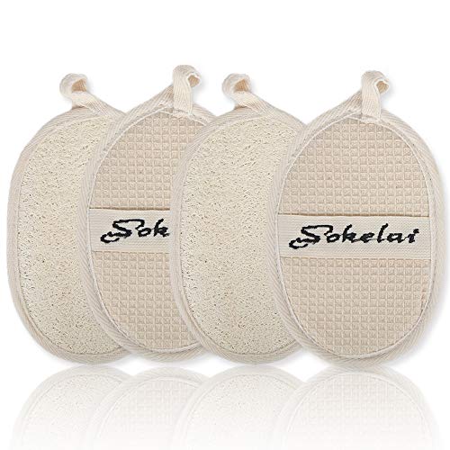 Exfoliating Loofah Sponge Pads 4 Pack Made of 100% Natural Luffa for remove dead skin loofa back scrubber Body Brush for Men and Women for Bath Spa and Shower
