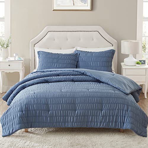 Walensee King Seersucker Comforter Set 100% Polyester Soft Washable Microfiber Bed Comforters With 2 Pillowshams, Lightweight Cozy Bedding Comforter Sets For All Season, 3 Pieces, 104"X90", Navy #TOP5