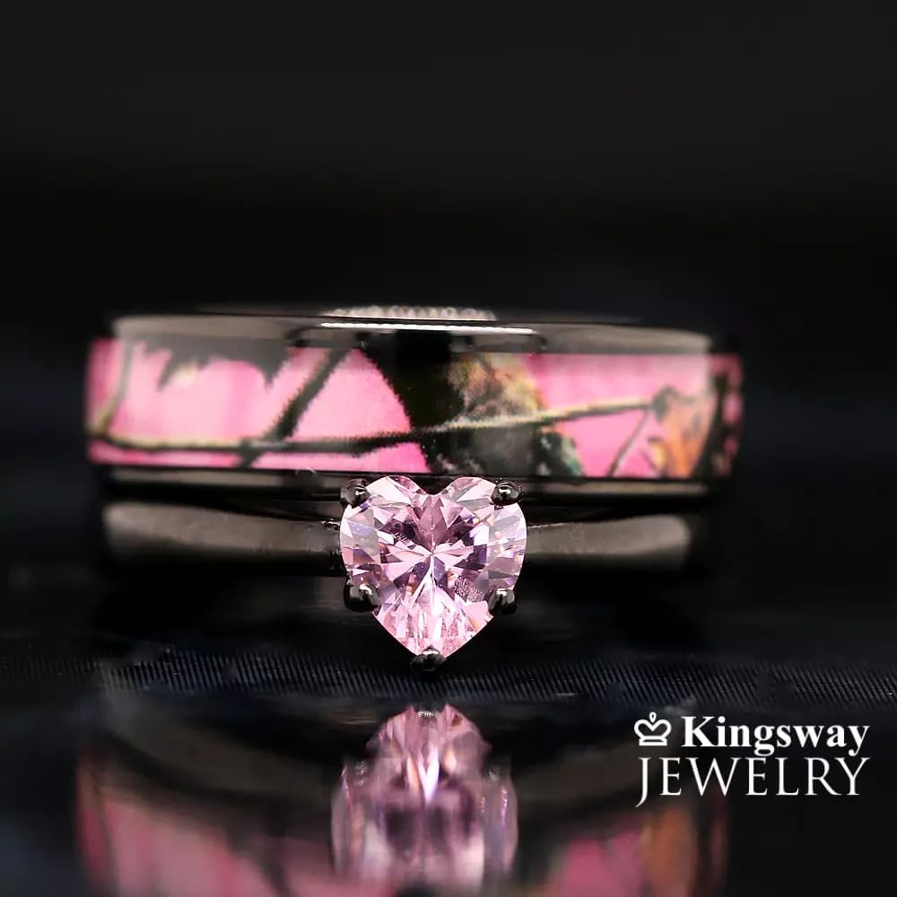 Black Plated Pink Camo Wedding Ring Set - Pink Heart Engagement Rings - Stainless Steel Wedding Ring - Bridal Engagement Set - Hypoallergenic