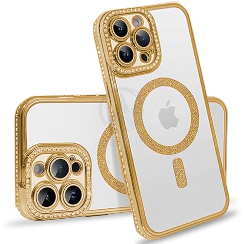 Image of AESTMO Back Cover for iPhone 14 Pro Max Compatible with MagSafe | Diamond Glitter Case | Luxury Bling Rhinestone Soft Clear TPU Bumper | Camera Lens Protection Cover for iPhone 14 Pro Max (Gold)