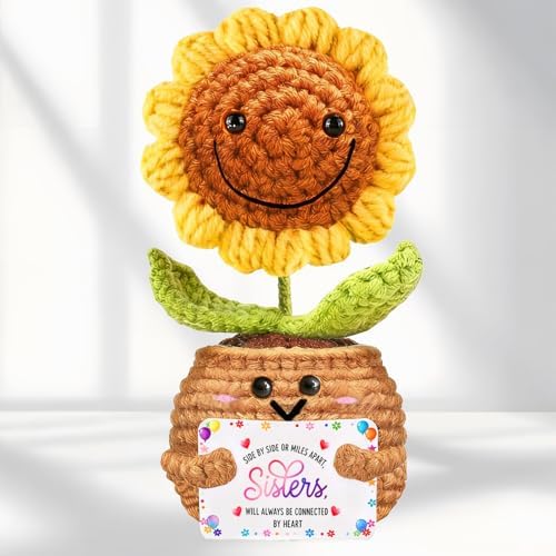 Hanging Handmade Crochet Sunflower with Card Sister Gifts Ornaments Positive Flower Knitted Decor Christmas Wedding Anniversary Birthday Gift for Sister Bestie Women Friends